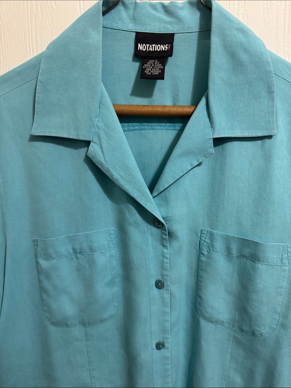 Notations Silk Button Up Turquoise Blue Short Sleeve Notched Collar Women’s Lrg - Picture 5 of 11